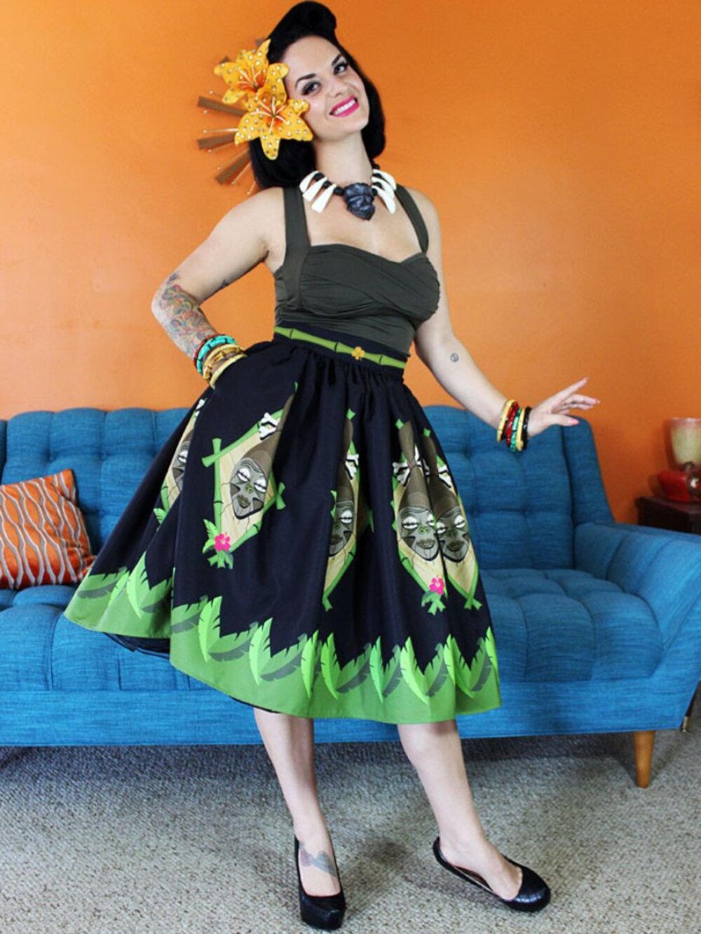 Shrunken Head Novelty Print Circle Skirt Oblong Box Shop XL Retro Pinup